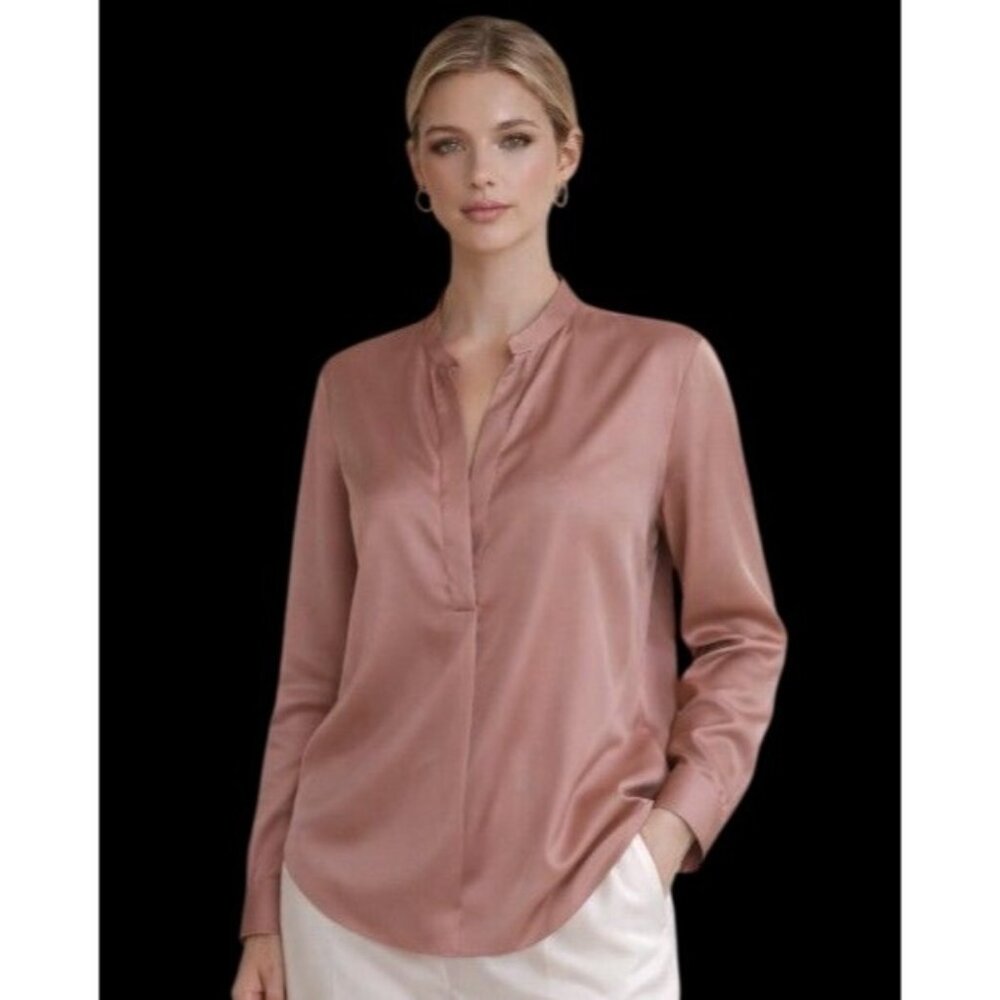 Vince Rosewood Satin Split V Henley Blouse